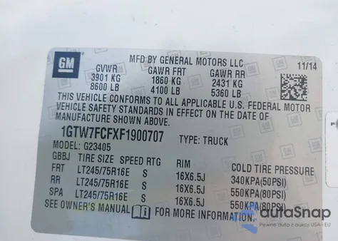 2015 GMC Savana 2500 Work Van from USA, damaged, VIN 1GTW7FCFXF1900707